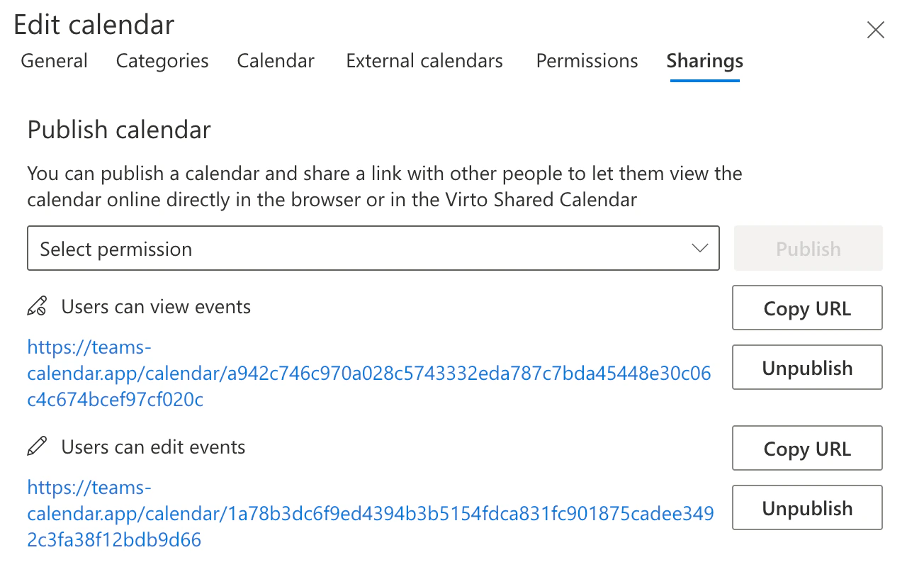 Virto Shared Calendar, Edit calendar, Sharings tab: Publish calendar with a Select permission box, and two published links, Users can view events and Users can edit events, each with its teams-calendar.app address and the buttons Copy URL and Unpublish