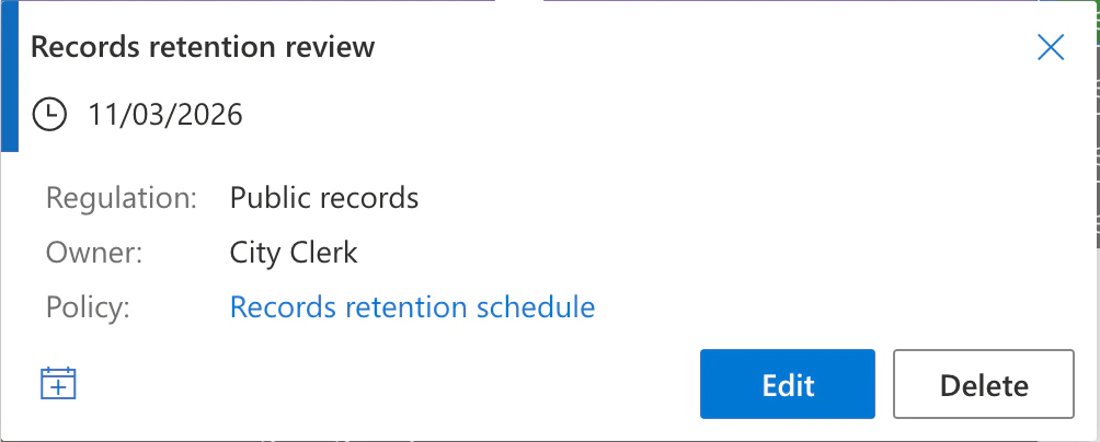 Virto Calendar App, die Karte von Records retention review am 11/03/2026: Regulation Public records, Owner City Clerk und Policy Records retention schedule, ein Link auf das PDF in der SharePoint-Dokumentbibliothek der Site, mit den Schaltflächen Edit und Delete