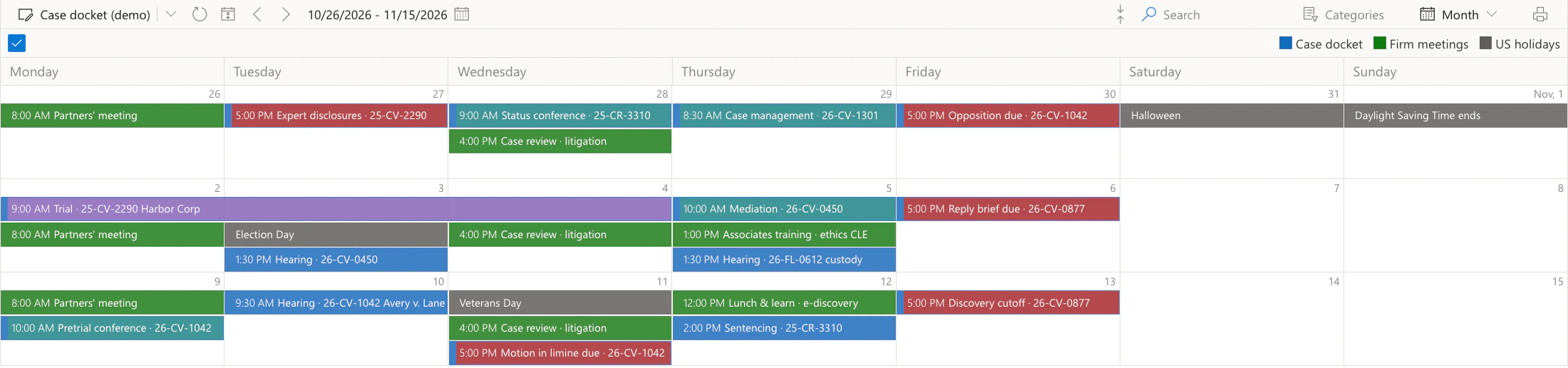Virto Calendar App, Month view of the Case docket (demo) calendar for three weeks from 26 October to 15 November 2026: docket entries coloured by type, filing deadlines in red (Expert disclosures · 25-CV-2290, Opposition due · 26-CV-1042, Reply brief due · 26-CV-0877, Motion in limine due · 26-CV-1042, Discovery cutoff · 26-CV-0877), hearings in blue (Hearing · 26-CV-1042 Avery v. Lane, Sentencing · 25-CR-3310), conferences in teal, Trial · 25-CV-2290 Harbor Corp from 2 to 4 November in purple, firm meetings in green and US holidays in grey