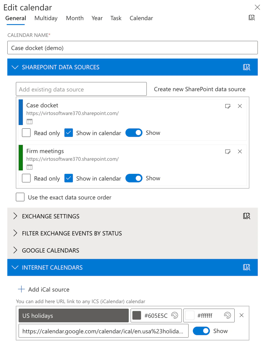 Virto Calendar App, Edit calendar for Case docket (demo), General tab: two SharePoint data sources, Case docket in blue and Firm meetings in green, the collapsed sections Exchange settings, Filter Exchange events by status and Google calendars, and Internet calendars with the US holidays iCal feed