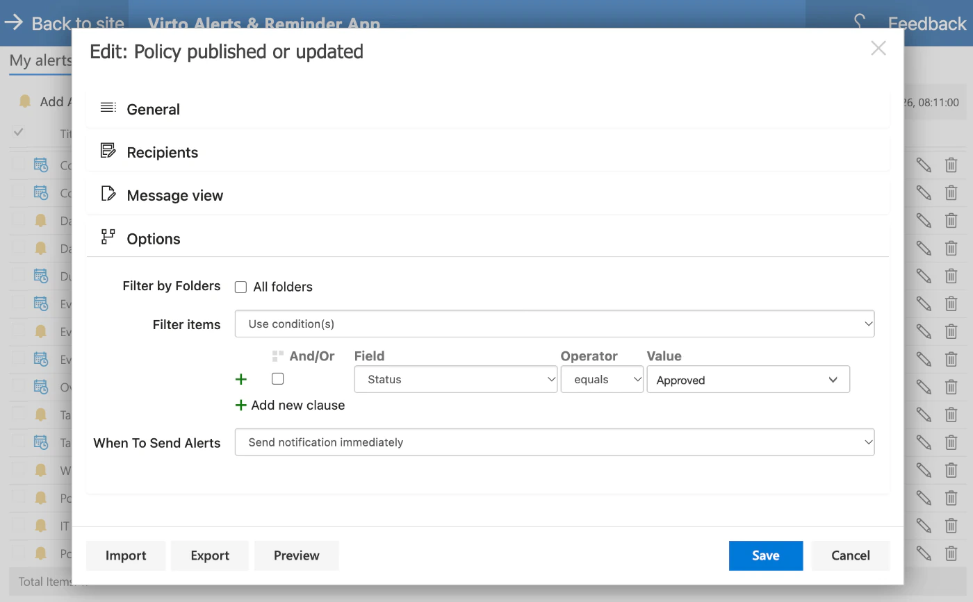 Bearbeitungsfenster der Benachrichtigung „Policy published or updated“ in Virto Alerts & Reminder App, Abschnitt Options: Filter items auf Use condition(s) mit Status equals Approved; When To Send Alerts auf Send notification immediately