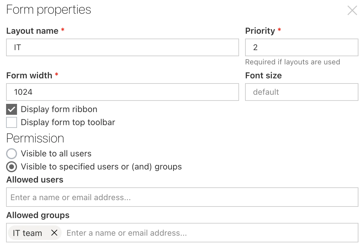 Formulareigenschaften des IT-Layouts in Virto Forms Designer App: Layout name IT, Priority 2 mit dem Hinweis Required if layouts are used, Form width 1024, Display form ribbon angehakt, Permission auf Visible to specified users or (and) groups und Allowed groups IT team
