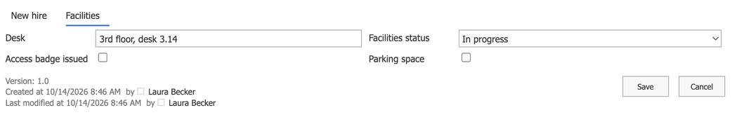 Das Facilities-Layout desselben Elements: Reiter New hire und Facilities, auf dem Reiter Facilities Desk 3rd floor, desk 3.14, Facilities status In progress, Access badge issued und Parking space nicht angehakt