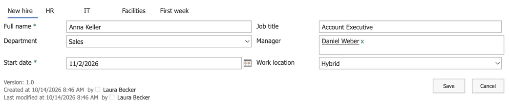 Bearbeitungsformular eines Neuzugangs aus Sicht der Personalabteilung, erstellt mit Virto Forms Designer App: Reiter New hire, HR, IT, Facilities und First week, geöffnet auf New hire mit Full name, Job title, Department, Manager, Start date und Work location in zwei Spalten