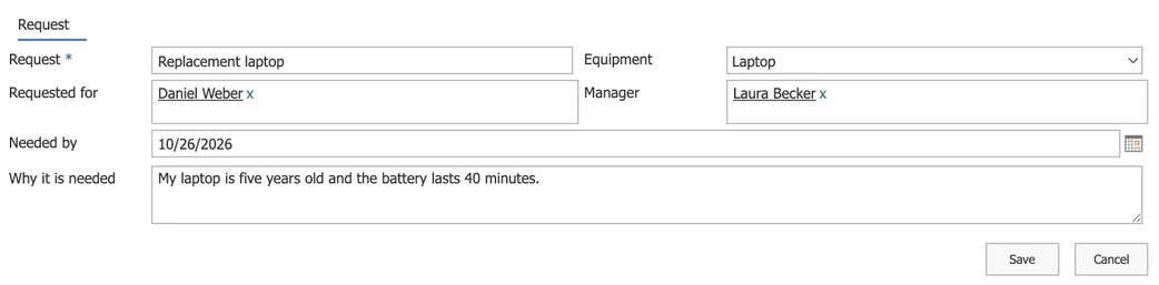 Formular zum Erstellen in der Liste Equipment requests, erstellt mit Virto Forms Designer App, mit nur einem Reiter Request: Request Replacement laptop, Equipment Laptop, Requested for Daniel Weber, Manager Laura Becker, Needed by 10/26/2026 und Why it is needed My laptop is five years old and the battery lasts 40 minutes.