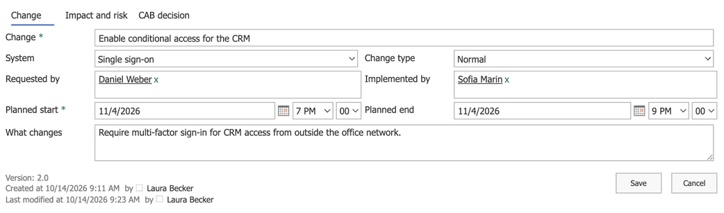 Change-Request-Formular, erstellt mit Virto Forms Designer App, auf dem Reiter Change: System, Change-Typ, Antragsteller, Umsetzender und ein geplantes Fenster von 7 PM bis 9 PM