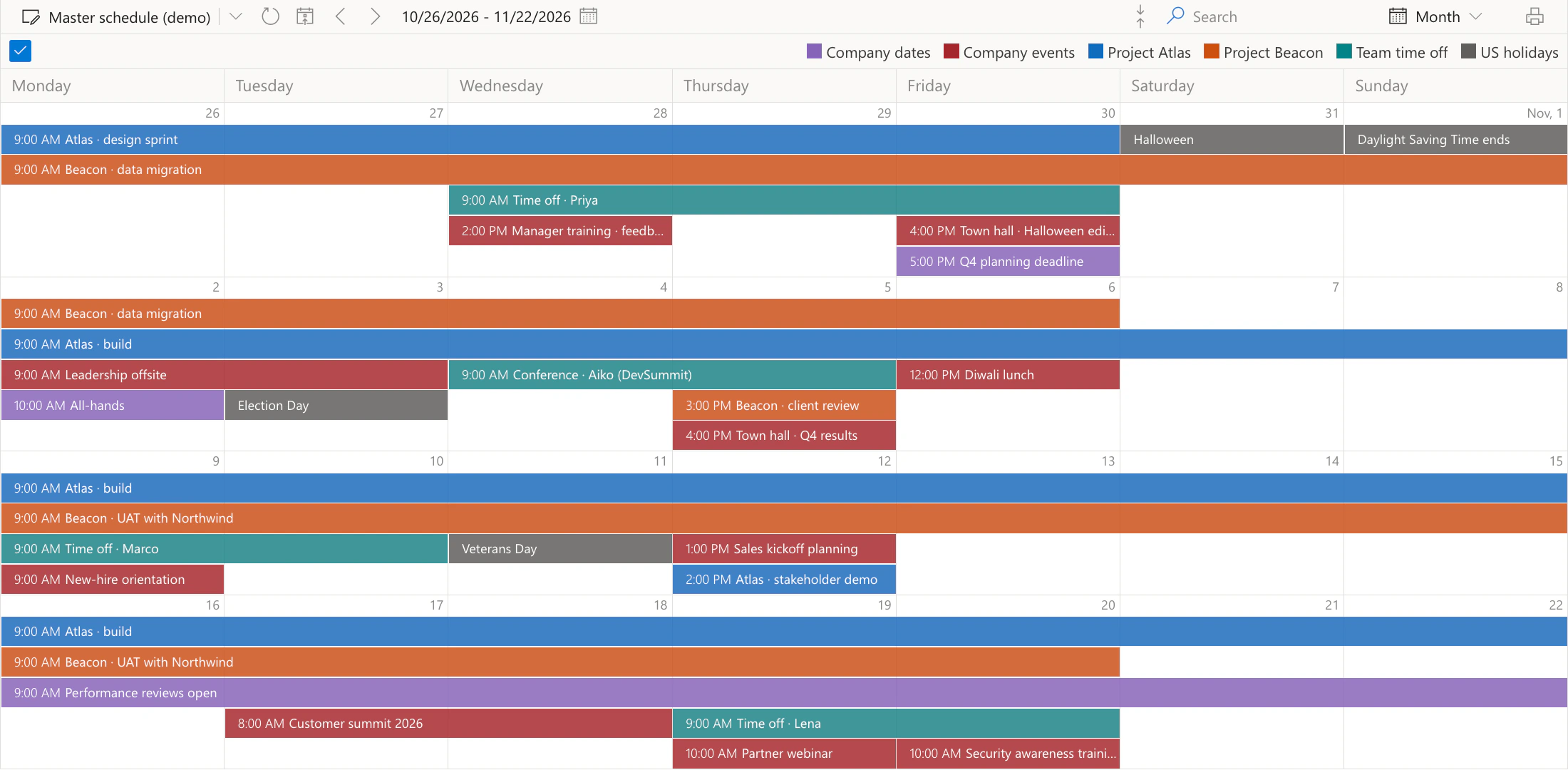 Virto Calendar App, Month view of the Master schedule (demo) calendar for four weeks from 26 October to 22 November 2026 with every entry shown: two projects as bars across the weeks, Project Atlas in blue (Atlas · design sprint, Atlas · build, Atlas · stakeholder demo) and Project Beacon in orange (Beacon · data migration, Beacon · client review, Beacon · UAT with Northwind), company events in red (Manager training, Town hall, Leadership offsite, Diwali lunch, Sales kickoff planning, New-hire orientation, Customer summit 2026, Partner webinar, Security awareness training), company dates in purple (Q4 planning deadline, All-hands, Performance reviews open), the team's time off in teal (Time off · Priya, Conference · Aiko (DevSummit), Time off · Marco, Time off · Lena) and US holidays in grey
