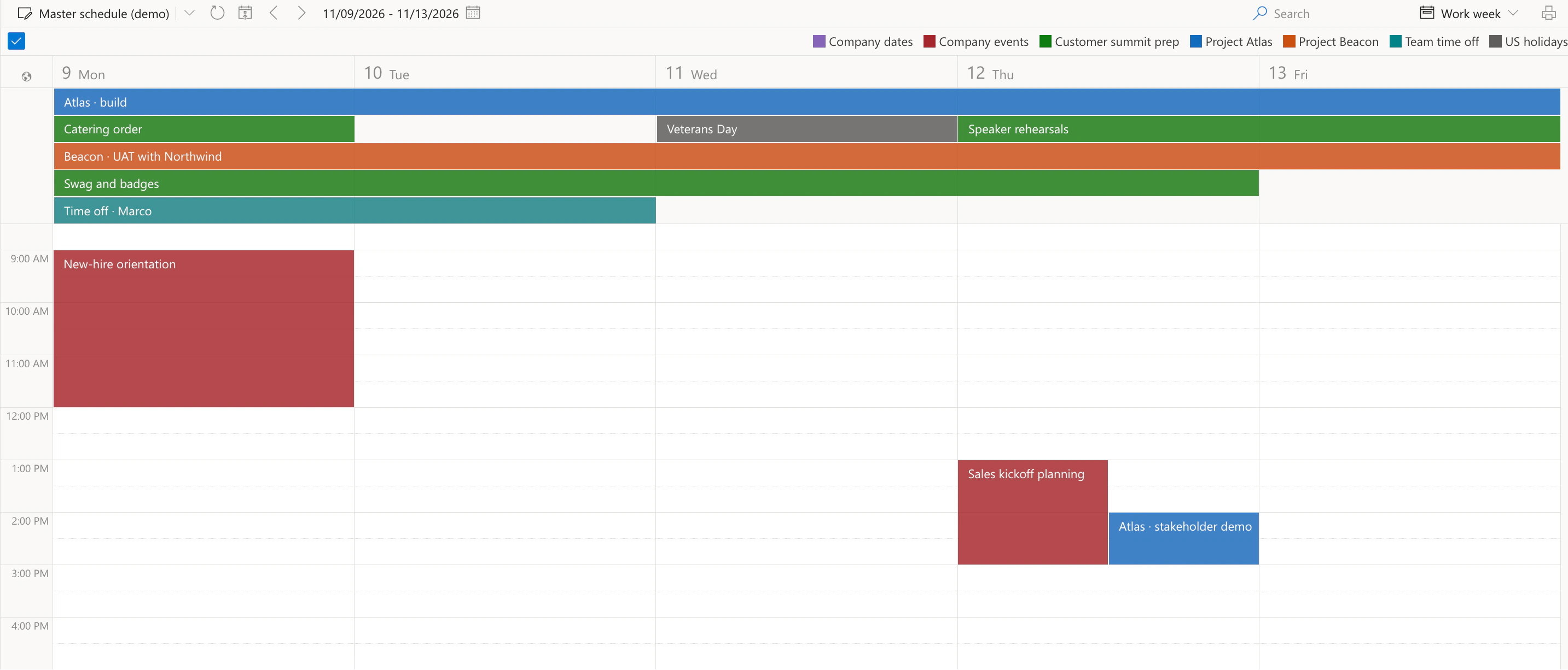 Virto Calendar App, Work week view of 9 to 13 November 2026 in the Master schedule (demo) calendar from 8:30 AM to 5:00 PM: all-day bars for Atlas · build, Beacon · UAT with Northwind, Time off · Marco and Veterans Day, the customer summit's preparation tasks from a SharePoint task list in green (Catering order, Swag and badges, Speaker rehearsals), and meetings at their times, New-hire orientation on Monday at 9:00 AM, Sales kickoff planning at 1:00 PM and Atlas · stakeholder demo at 2:00 PM on Thursday