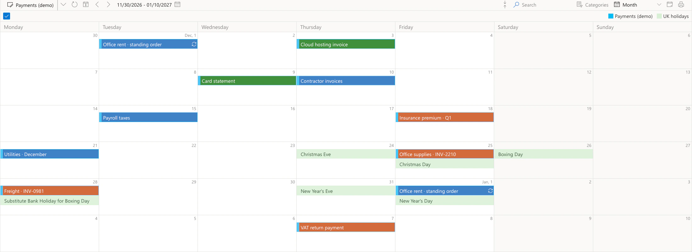 Virto Shared Calendar, Monatsansicht des Kalenders Payments (demo) für Dezember 2026: Zahlungen nach Status eingefärbt, bezahlte in Grün, etwa Cloud hosting invoice am 3. und Card statement am 9., freigegebene in Blau, etwa Office rent · standing order am 1., Contractor invoices am 10., Payroll taxes am 15. und Utilities · December am 21., offene in Orange, etwa Insurance premium · Q1 am 18., Office supplies · INV-2210 am 25., Freight · INV-0981 am 28. und VAT return payment am 7. Januar, und britische Bankfeiertage aus einem Feed in Hellgrün, etwa Christmas Day, Boxing Day und Substitute Bank Holiday for Boxing Day