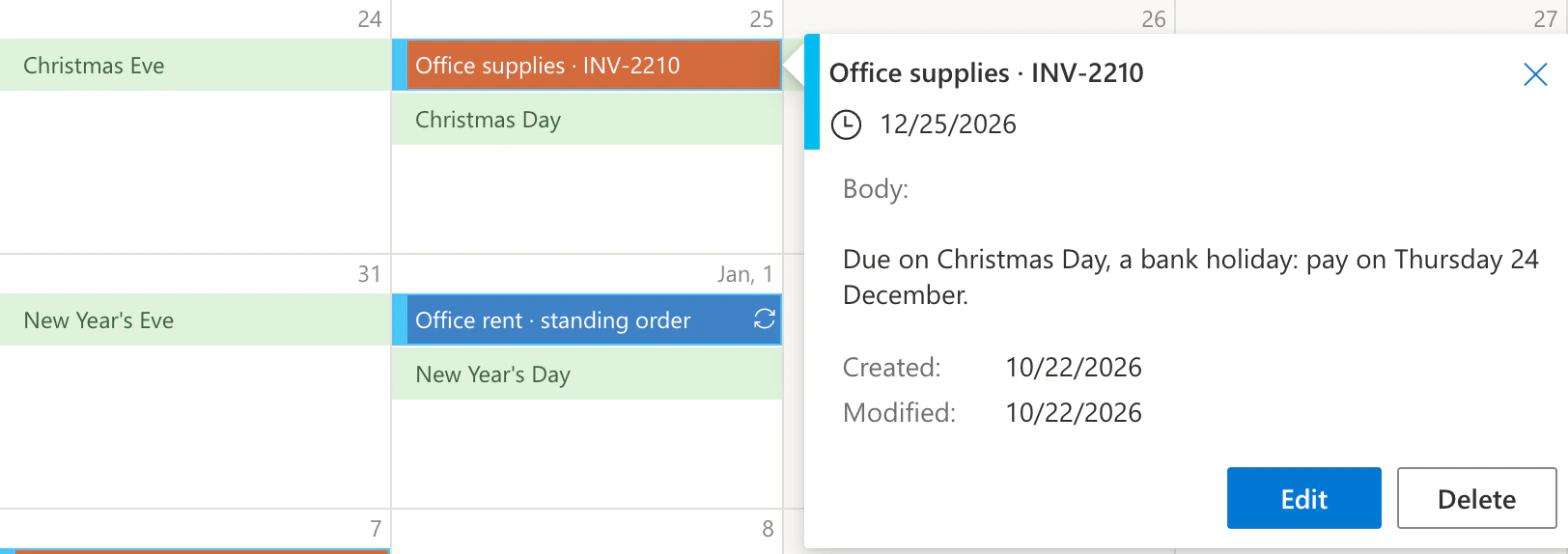 Donnerstag, 24. Dezember, bis Sonntag, 3. Januar, mit geöffneter Karte von Office supplies · INV-2210: fällig am 12/25/2026, am selben Tag wie Christmas Day aus dem Feed der britischen Feiertage, mit dem Hinweis Due on Christmas Day, a bank holiday: pay on Thursday 24 December., daneben Christmas Eve, New Year's Eve, New Year's Day und die wiederkehrende Office rent · standing order am 1. Januar