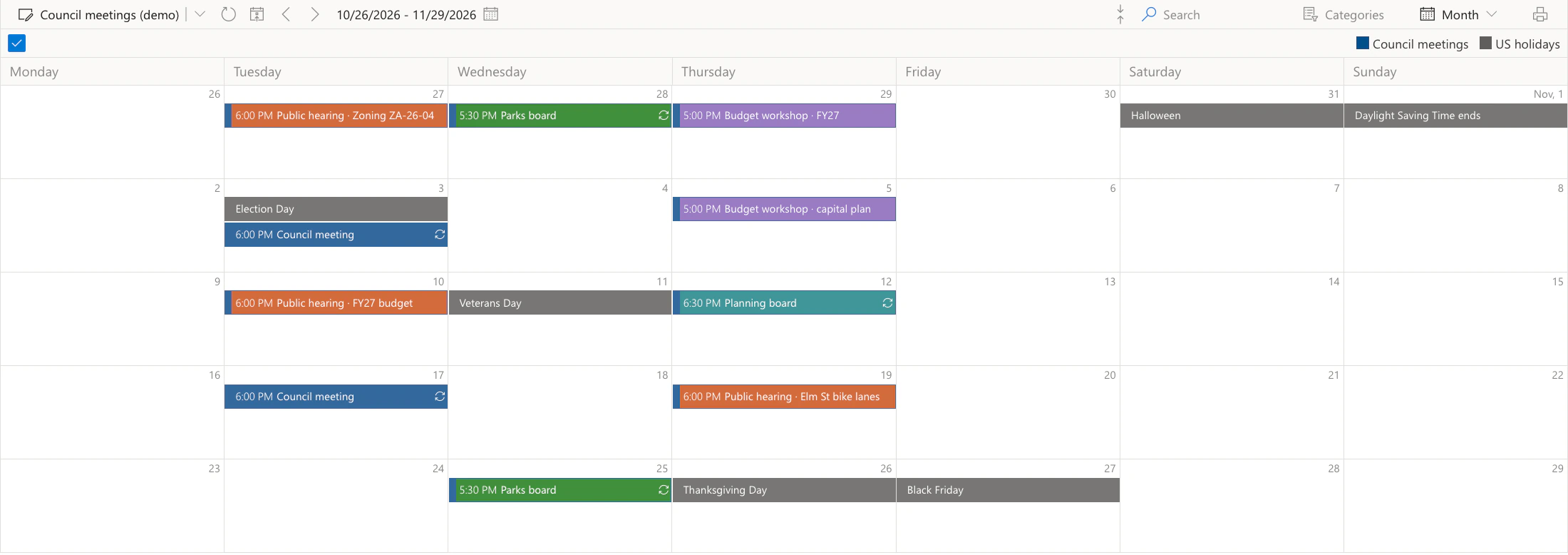 Virto Calendar App, Monatsansicht des Kalenders Council meetings (demo) für fünf Wochen vom 26. Oktober bis 29. November 2026: eine SharePoint-Kalenderliste nach Kategorie eingefärbt, die Serien Council meeting am 3. und 17. November in Dunkelblau, Planning board am 12. November in Petrol und Parks board am 28. Oktober und 25. November in Grün, jeweils mit dem Wiederholungssymbol, öffentliche Anhörungen in Orange (Public hearing · Zoning ZA-26-04, Public hearing · FY27 budget, Public hearing · Elm St bike lanes), Haushaltsworkshops in Lila und US-Feiertage in Grau