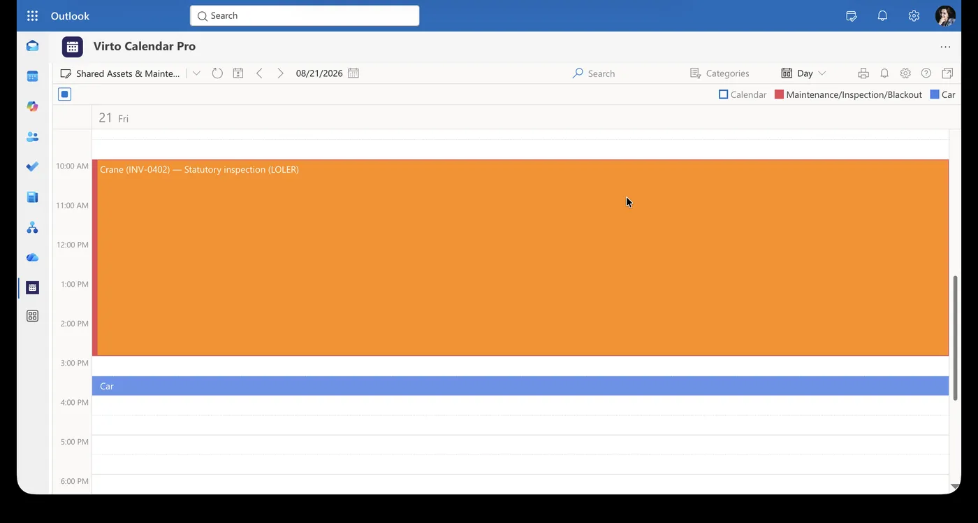 Day view of a Microsoft 365 resource calendar showing vehicle bookings alongside a scheduled brake inspection and a blackout period