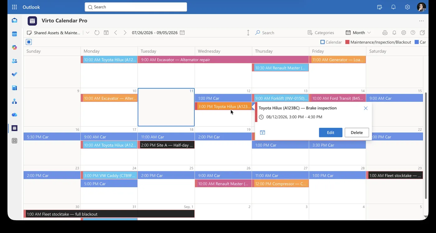 Month view of rooms, vehicles and equipment with inspections and roadworthiness checks shown across the month