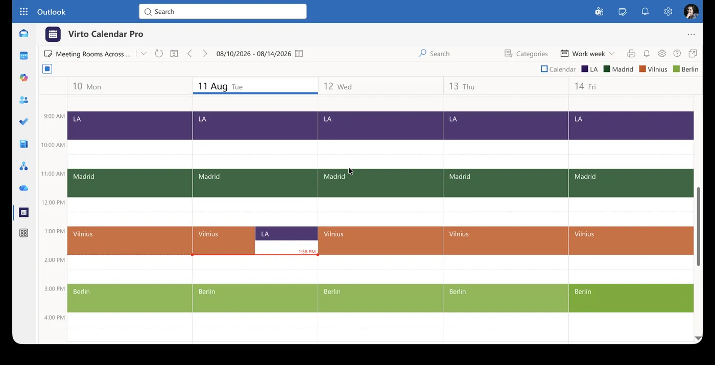 Work week view of four meeting room calendars from offices in Los Angeles, Madrid, Vilnius and Berlin overlaid in one Microsoft 365 calendar