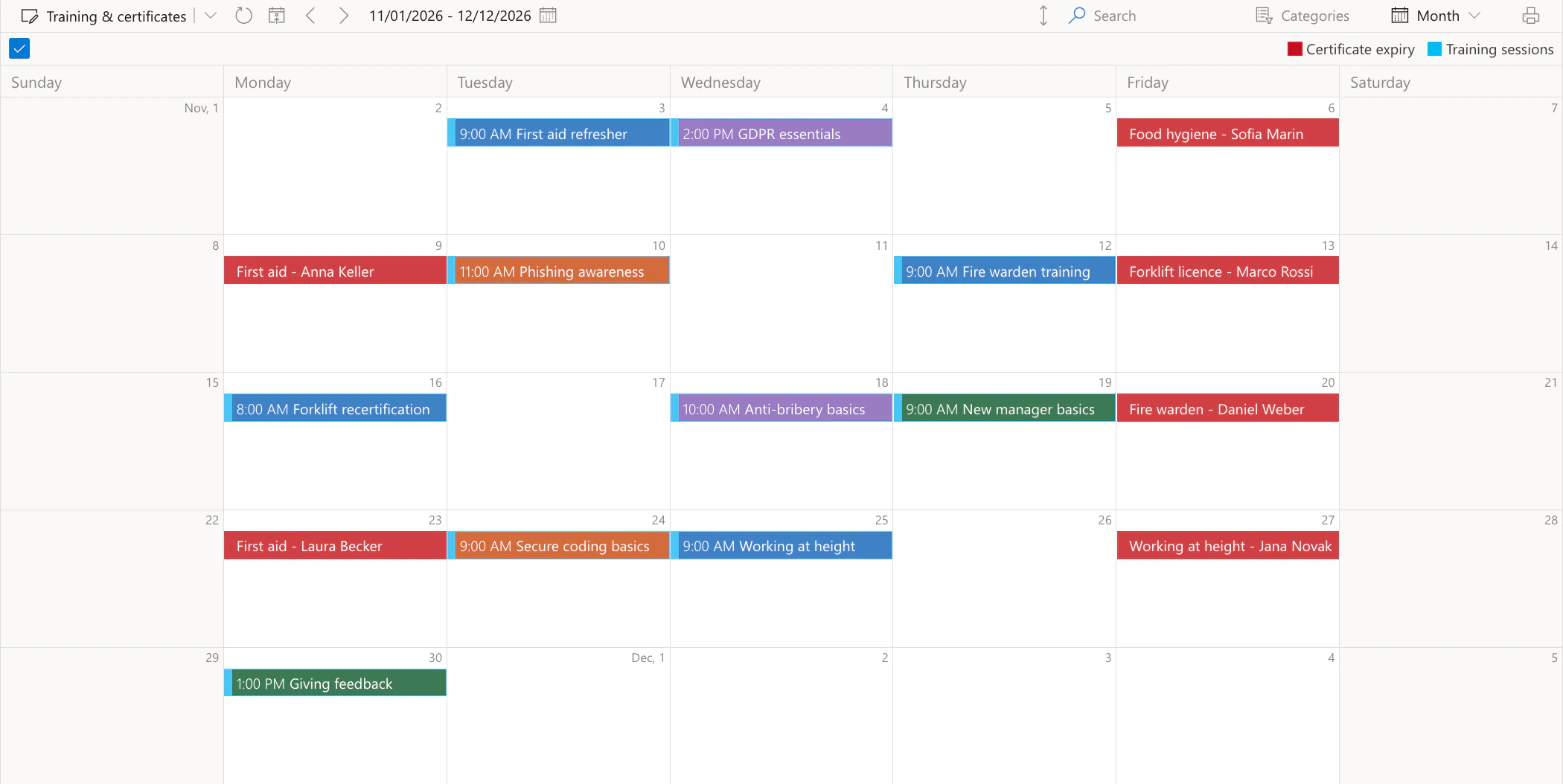 Virto Calendar App, month view of November on the Training & certificates calendar: training sessions coloured by category, such as First aid refresher on Tuesday the 3rd, GDPR essentials on the 4th, Phishing awareness on the 10th and Fire warden training on the 12th, certificate expiry dates in red, such as First aid - Anna Keller on Monday the 9th, Forklift licence - Marco Rossi on the 13th and Fire warden - Daniel Weber on the 20th, and the legend Certificate expiry and Training sessions at the top