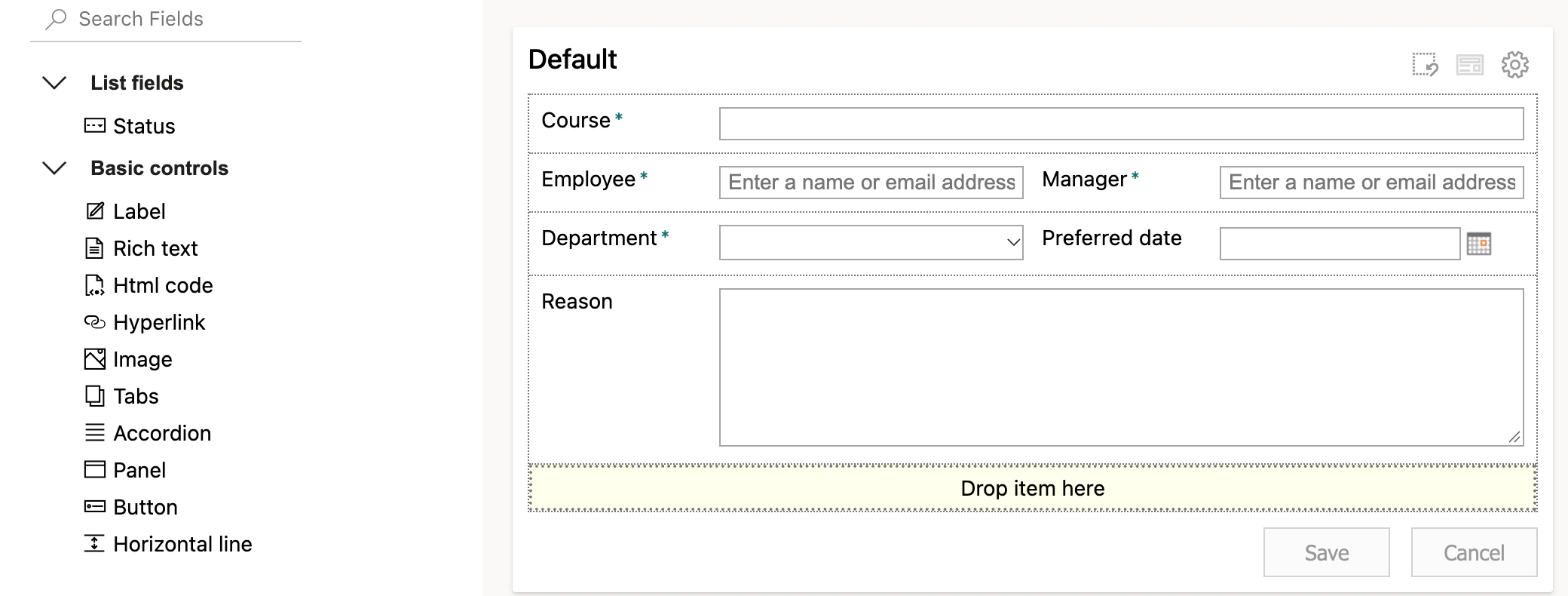 Virto Forms Designer App with the New form of the Training requests list: Course on the first row, Employee and Manager on the second, Department and Preferred date on the third, Reason across the fourth, and the Status column still unplaced in the field list on the left