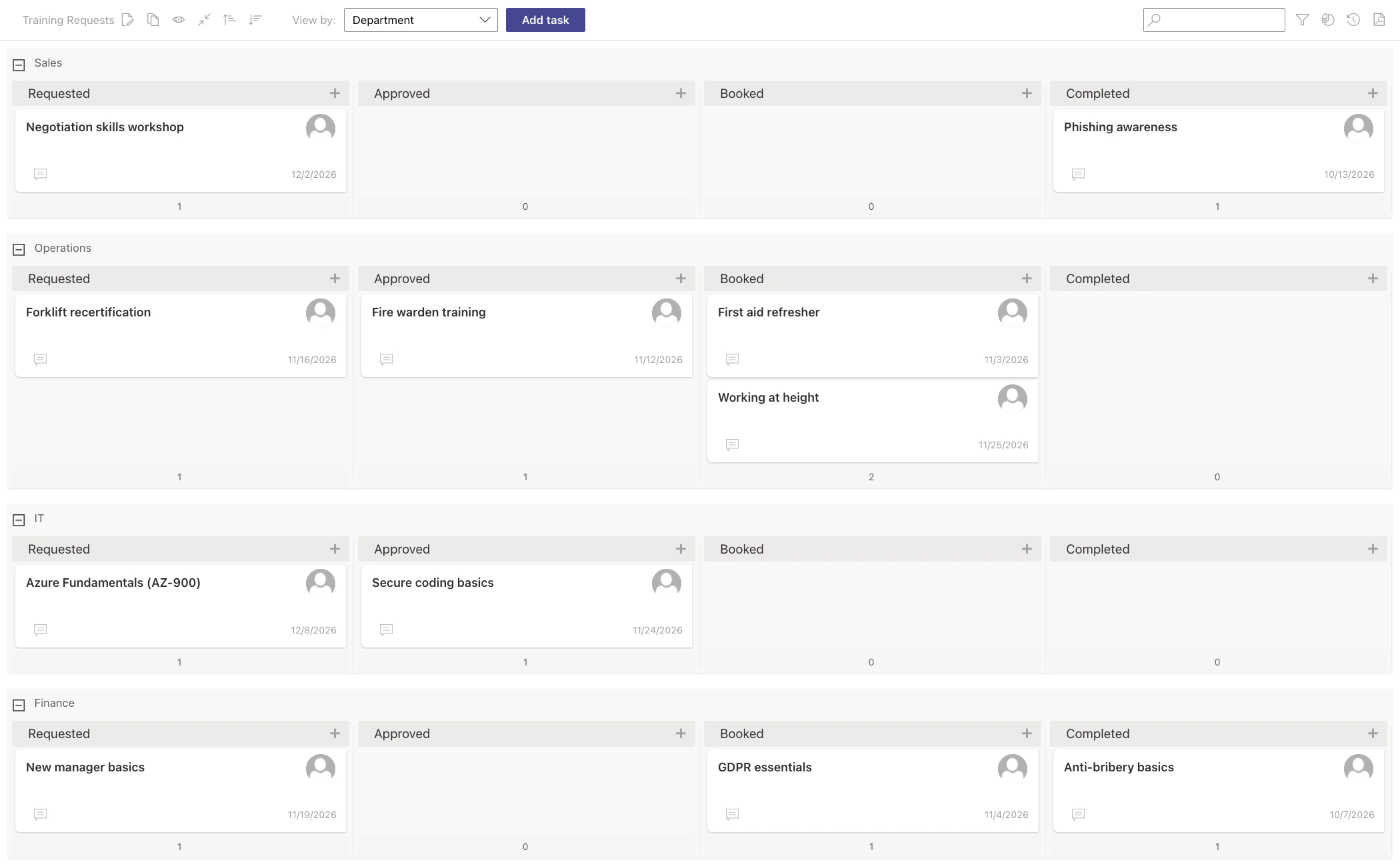 Virto Kanban Board App, the Training Requests board: swimlanes Sales, Operations, IT and Finance, columns Requested, Approved, Booked and Completed, cards such as Forklift recertification in Requested, Fire warden training in Approved and First aid refresher and Working at height in Booked in the Operations lane, and the preferred date on each card