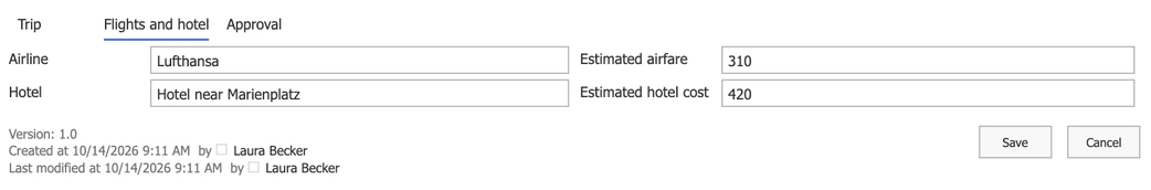 Der Reiter Flights and hotel aus Sicht eines Mitglieds der Gruppe Travel desk: Airline Lufthansa, Estimated airfare 310, Hotel Hotel near Marienplatz und Estimated hotel cost 420