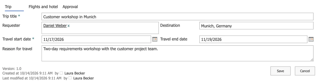 Reiseantragsformular, erstellt mit Virto Forms Designer App, auf dem Reiter Trip: Titel der Reise, Antragsteller, Ziel, Reisedaten und Reisegrund
