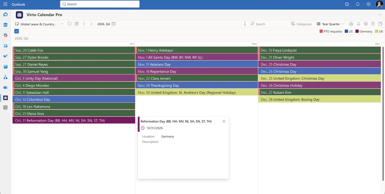 Quartalsansicht eines Microsoft 365-Abwesenheitskalenders mit genehmigtem Teamurlaub neben US-amerikanischen, deutschen und britischen Feiertagen über drei Monate