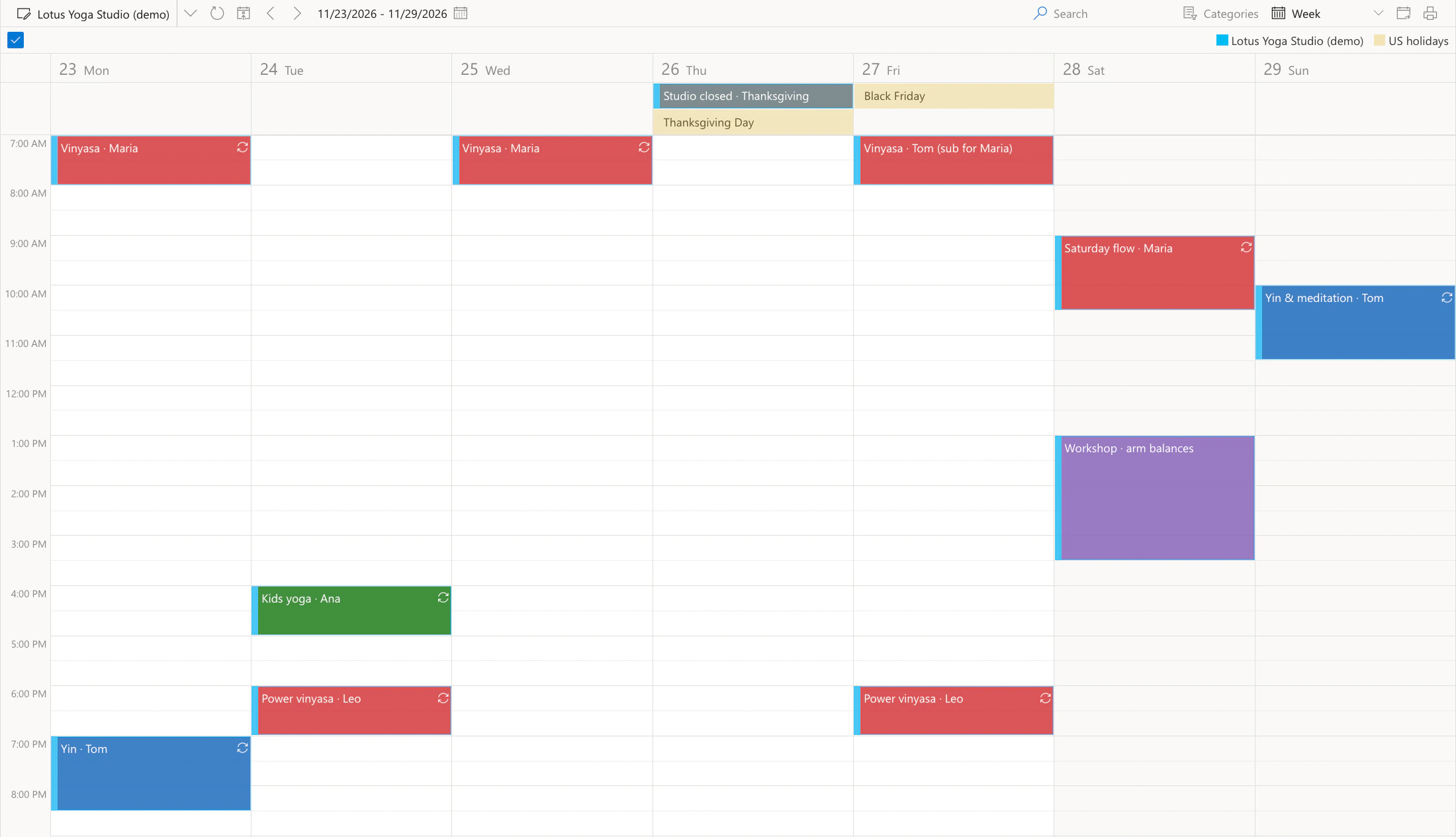 Virto Shared Calendar, Wochenansicht vom 23. bis 29. November im Kalender Lotus Yoga Studio (demo) von 7:00 bis 21:00: Vinyasa-Kurse in Rot, etwa Vinyasa · Maria um 7:00 am Montag und Mittwoch, Vinyasa · Tom (sub for Maria) am Freitag und Power vinyasa · Leo um 18:00 am Dienstag und Freitag, Yin-Kurse in Blau, Yin · Tom am Montagabend und Yin & meditation · Tom am Sonntag, Kids yoga · Ana in Grün am Dienstag um 16:00, Workshop · arm balances in Lila am Samstagnachmittag und am Donnerstag Studio closed · Thanksgiving neben Thanksgiving Day aus dem Feed der US-Feiertage