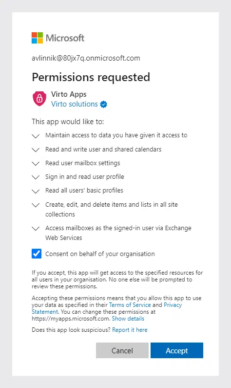 Virto Calendar Authorization