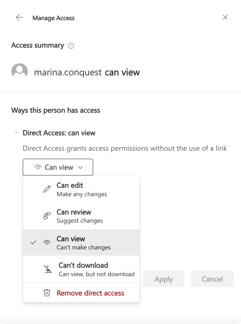 Pic. 14. Reviewing permissions of the external user’s access to your file. 