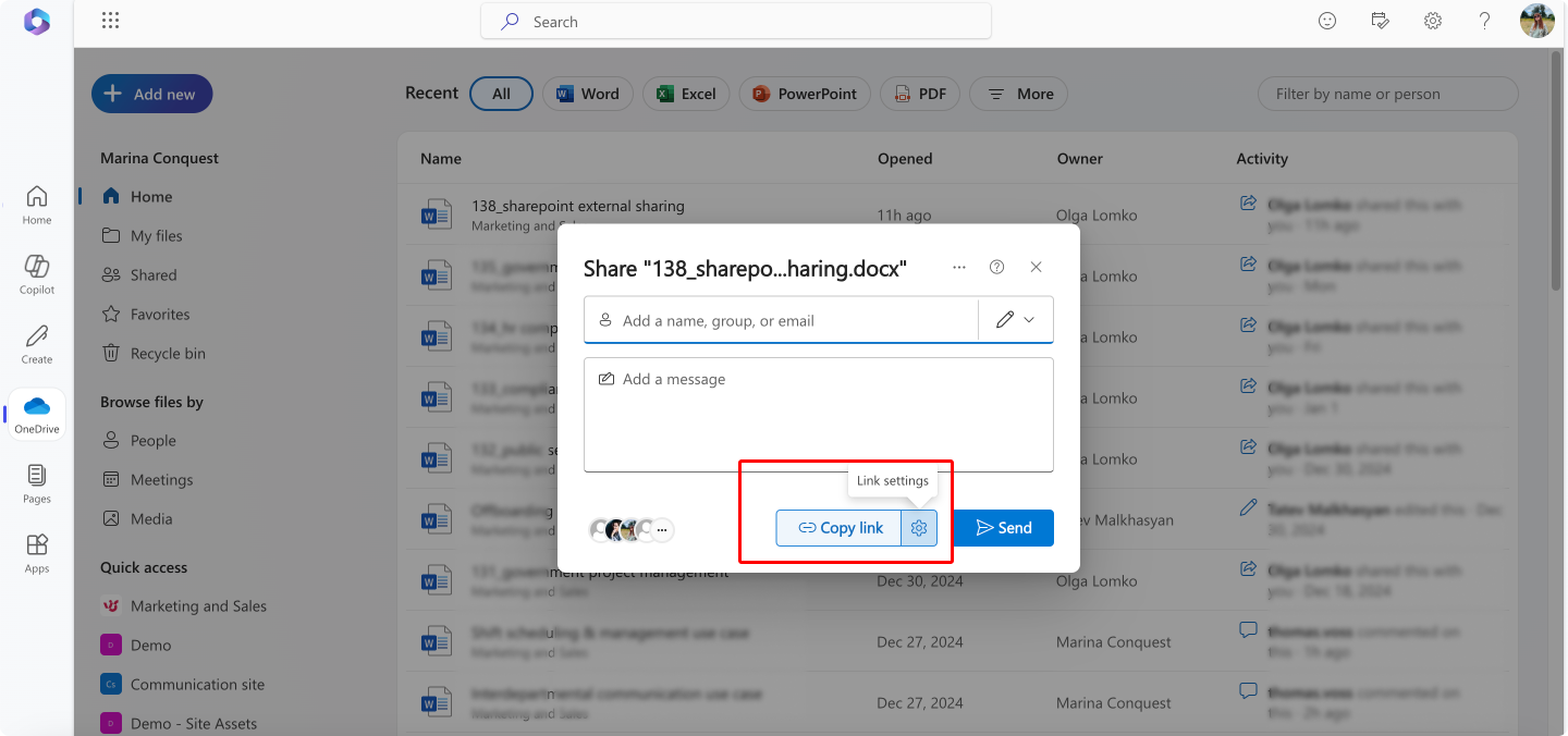 Pic. 11. Navigating to the “Link settings” within the sharing panel in OneDrive.