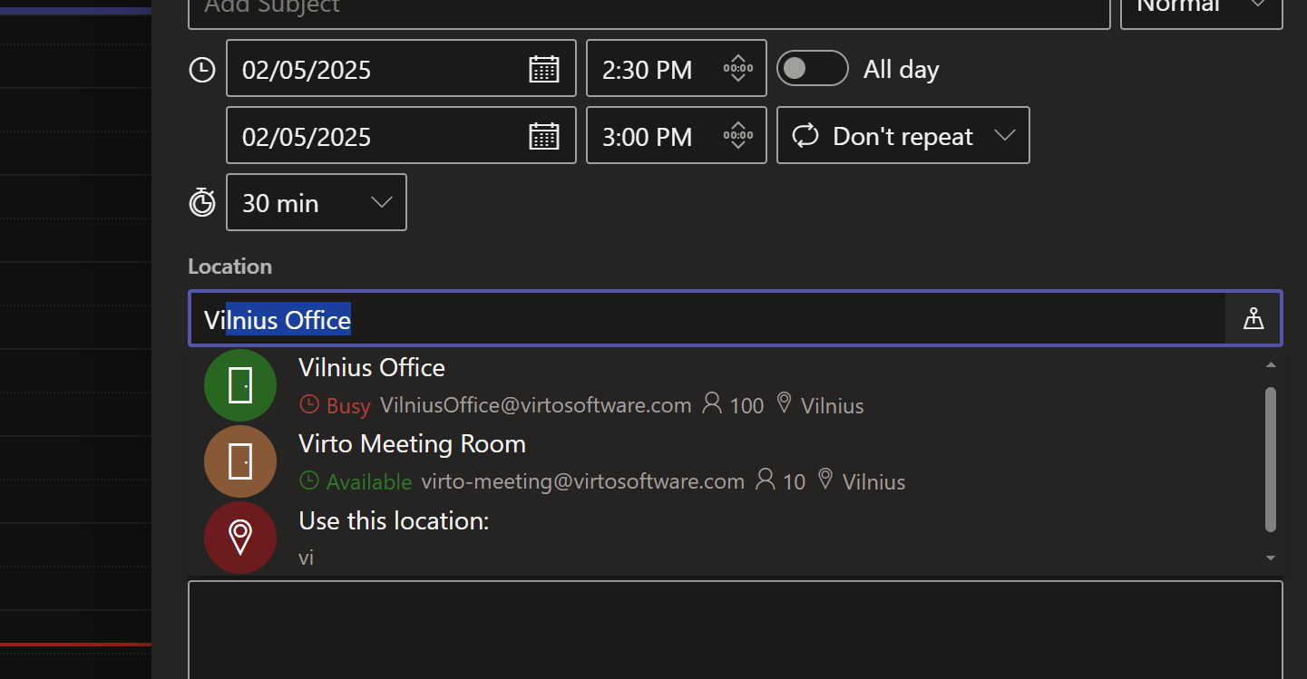 Location picker in Virto Calendar
