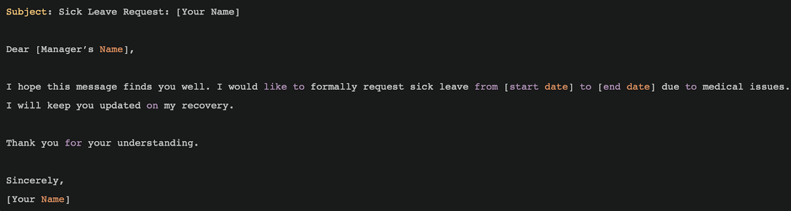 Pic. 4. Template for a request for a sick leave