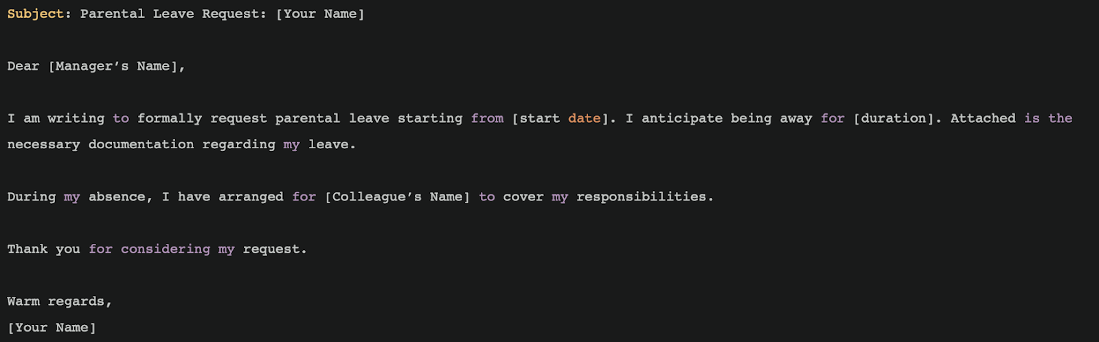 Pic. 5. Template for a request for a parental leave