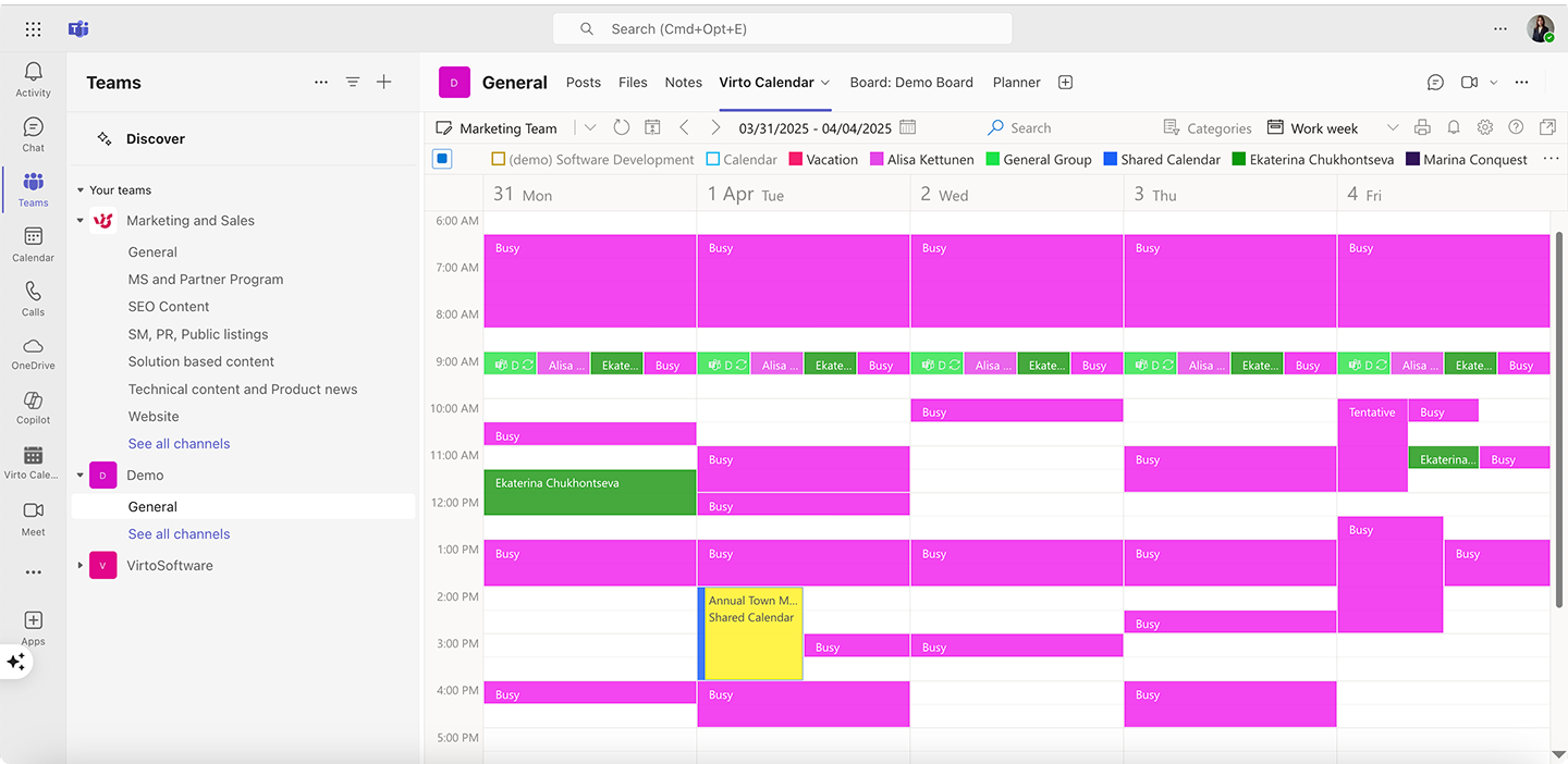 Sample Virto Calendar App within Teams