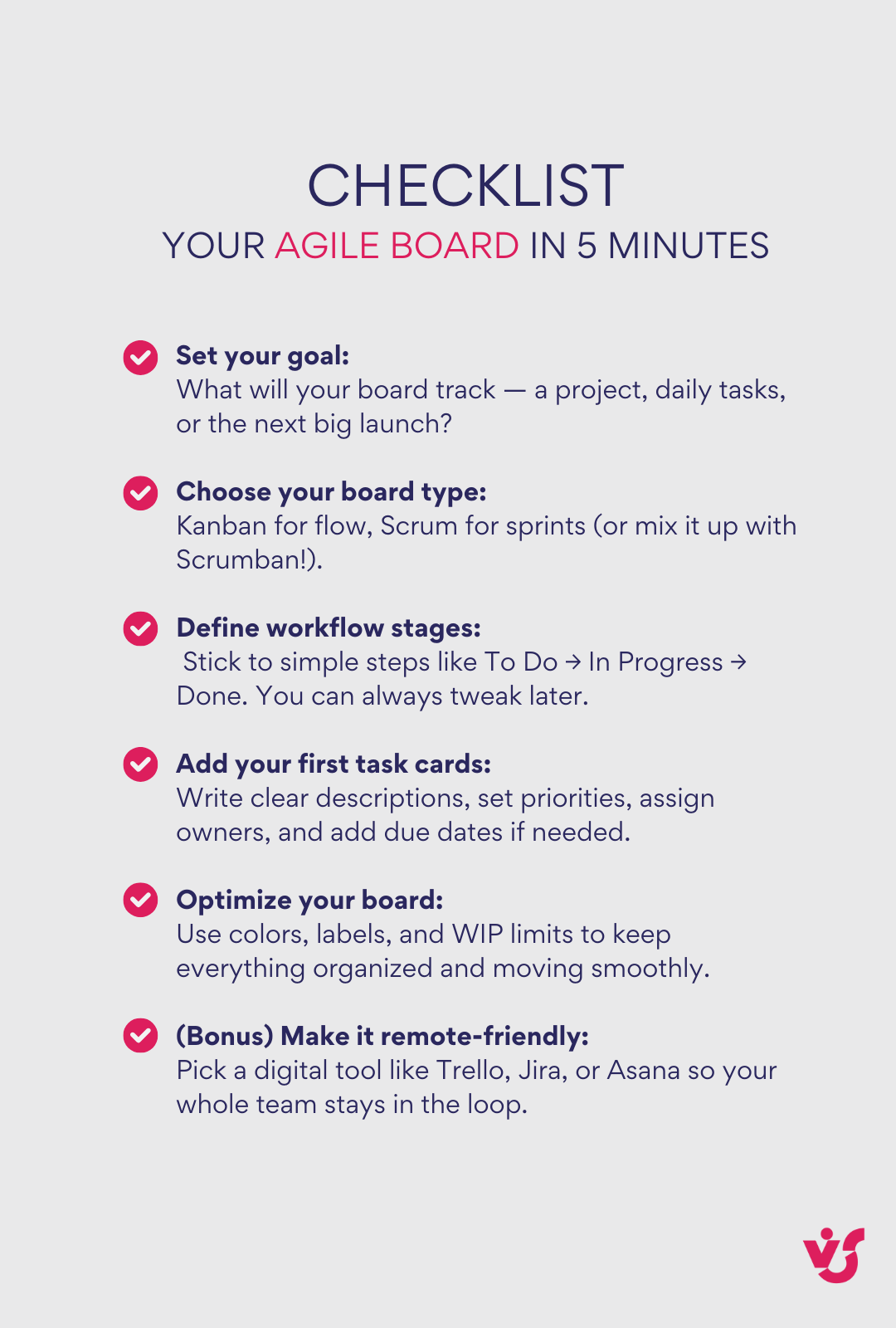 Checklist 'Your agile board in 5 minutes'.