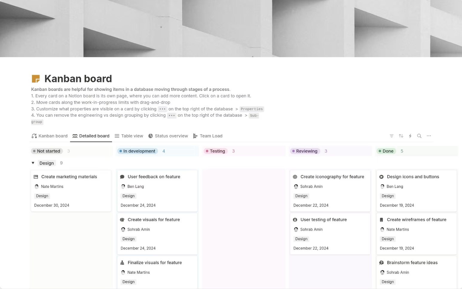 Kanban template from Notion.