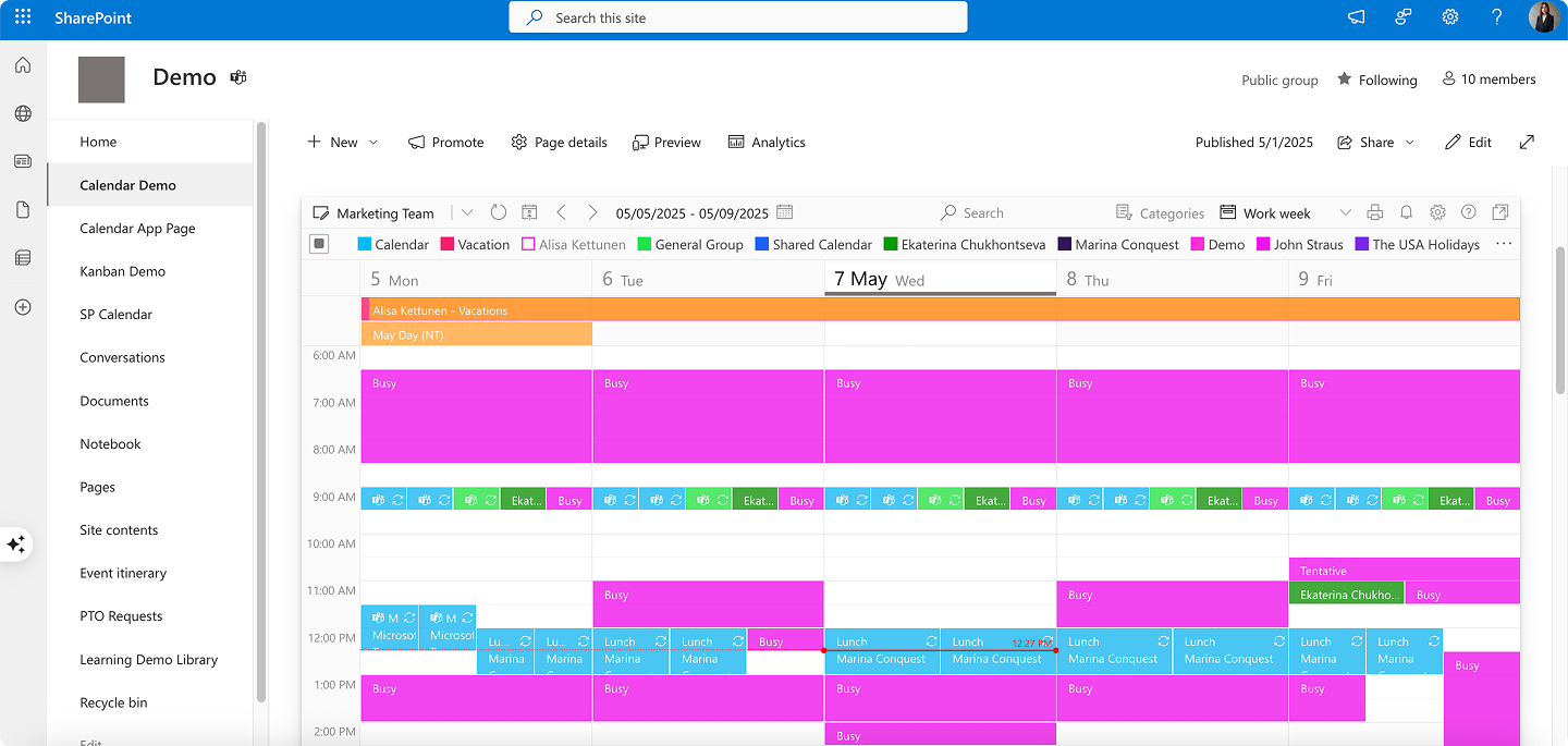 Sample Virto Calendar in SharePoint