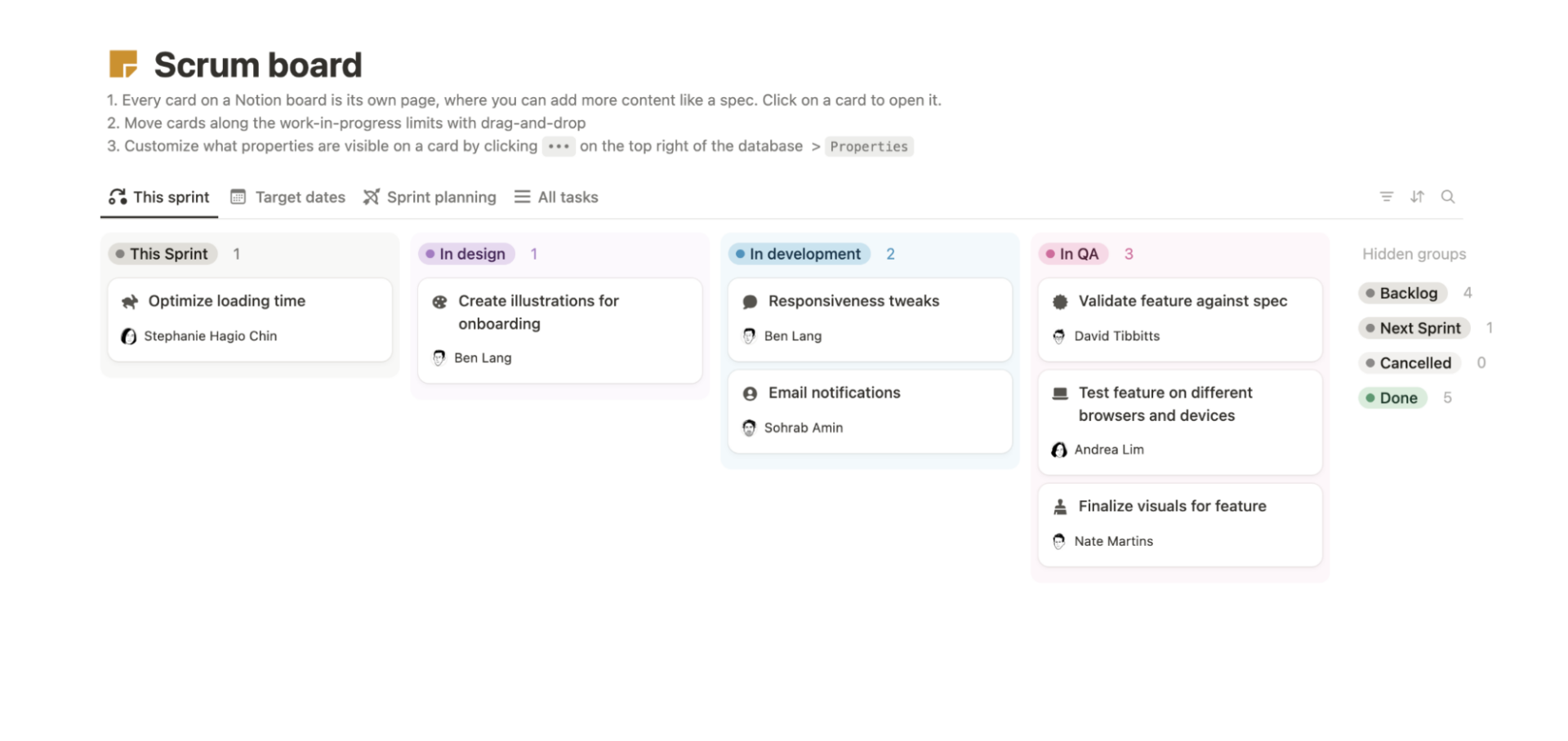 Scrum board example from Notion.