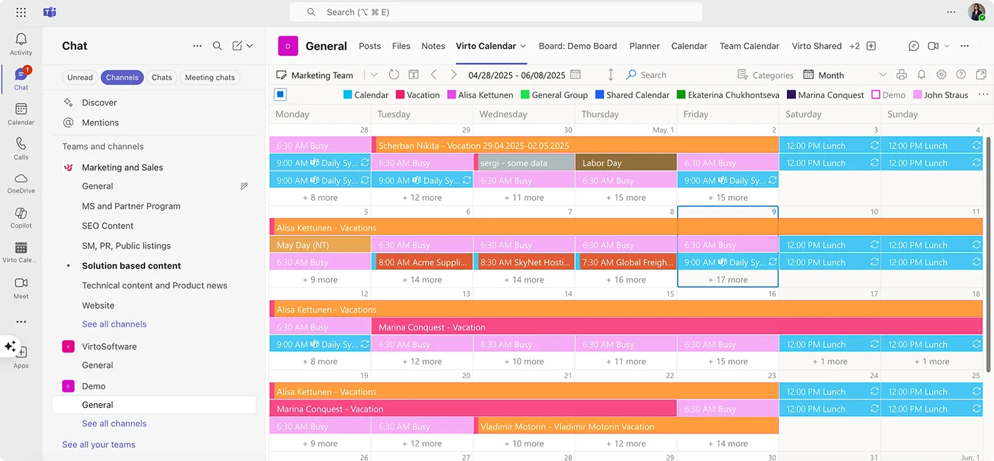Sample Virto Calendar in Teams
