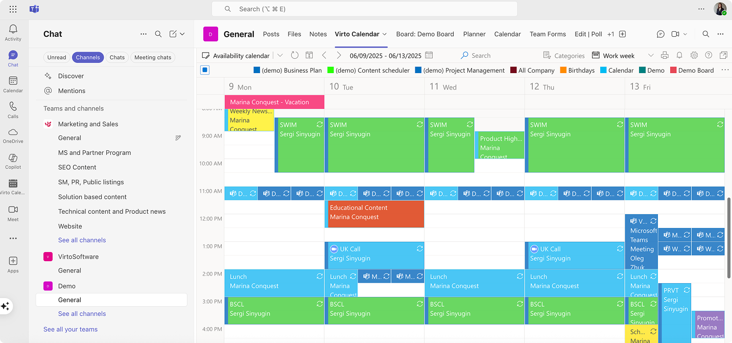 Sample Virto Calendar in Teams