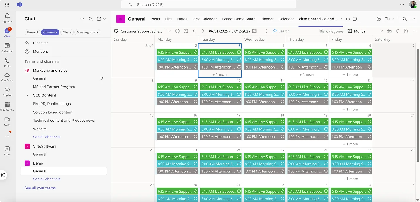 Sample Virto Shared Calendar in Teams