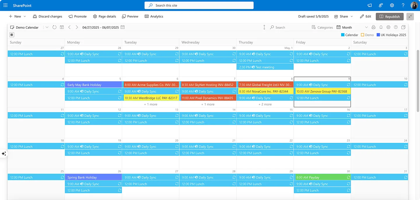 A sample Virto Calendar with a pay event color-coded green