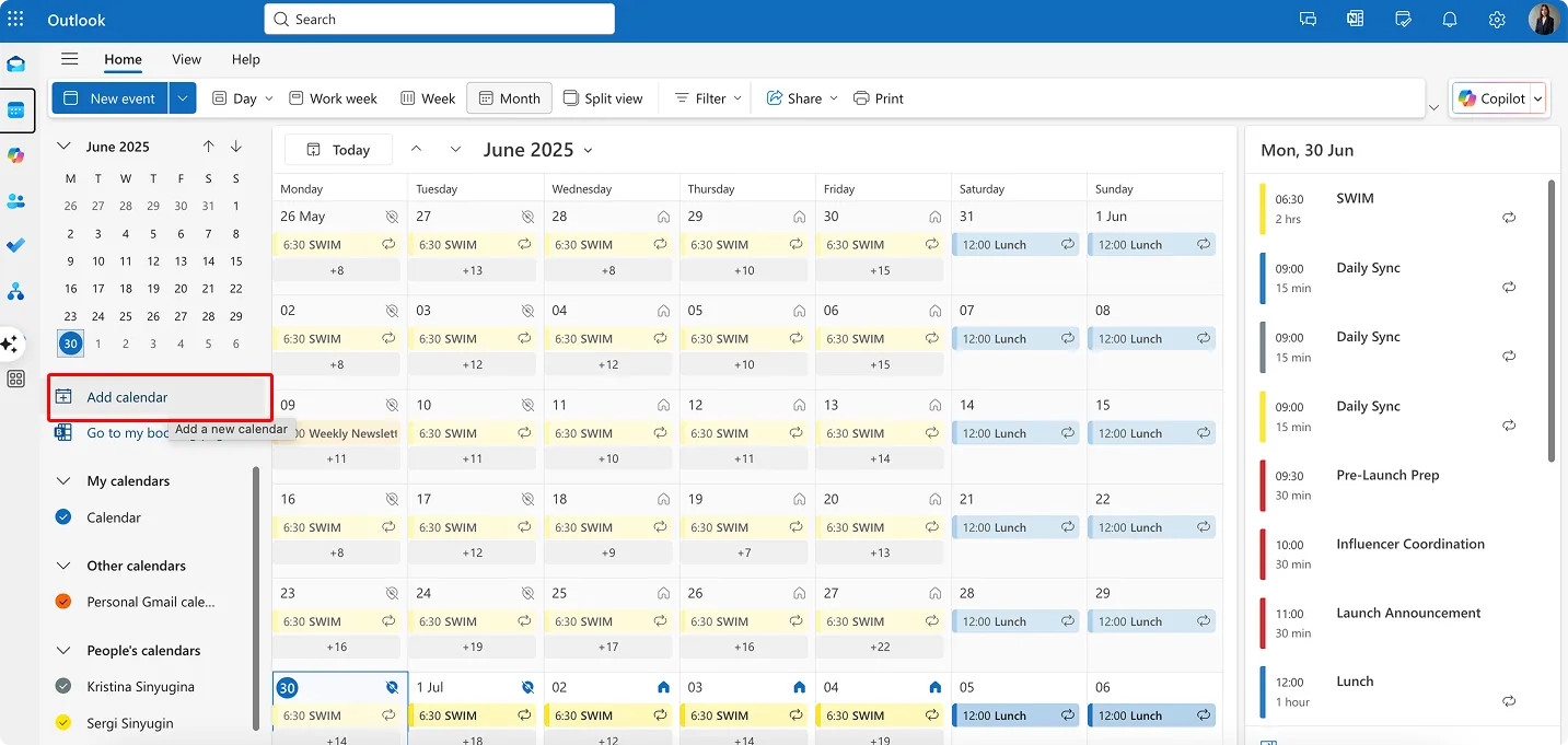 Navigating to the “Add calendar” in Outlook