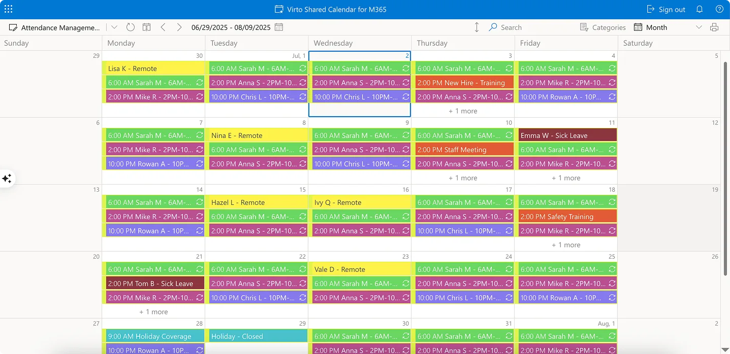 Sample attendance management calendar in Virto Shared Calendar
