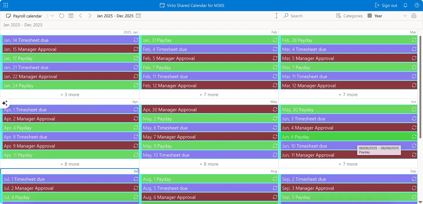 Sample payroll calendar in Virto Shared Caledar