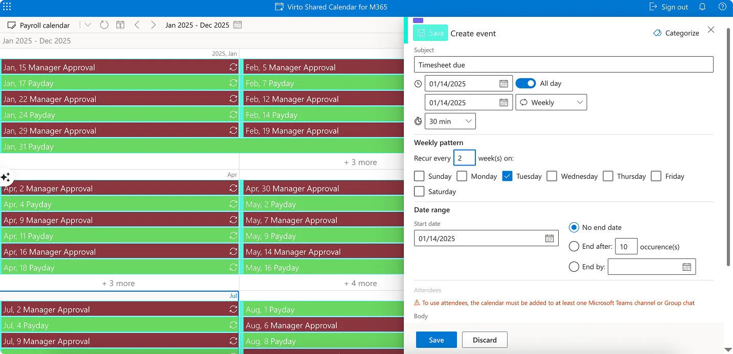 Setting up a sample payroll event in Virto Shared Calendar