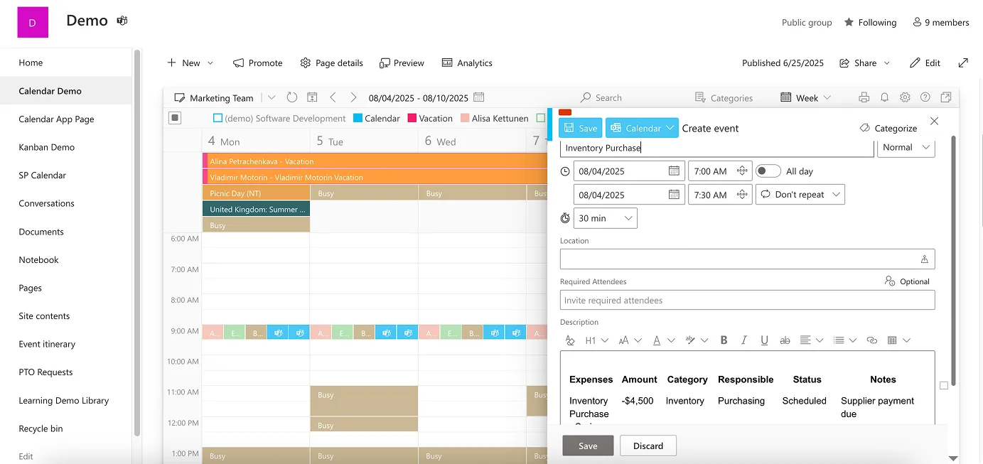 Creating a sample budget event in Virto Calendar
