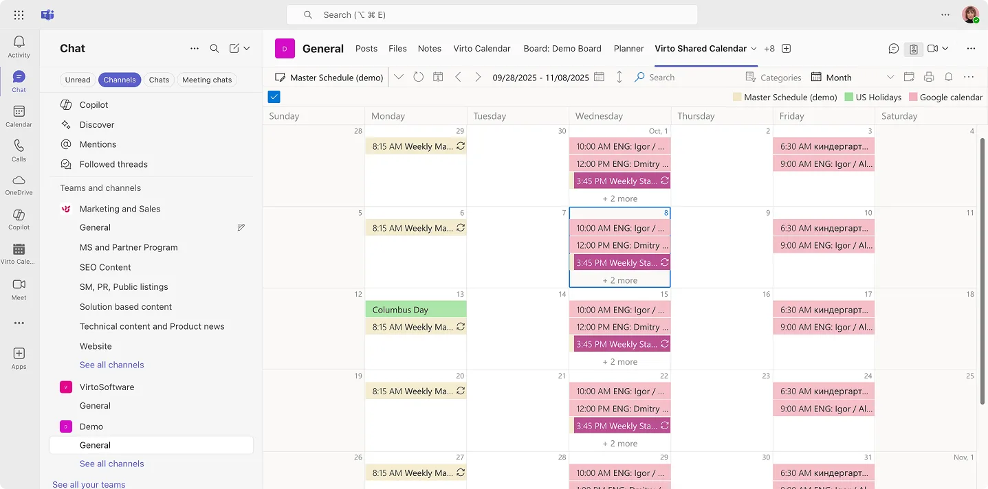 Example Virto Shared Calendar in Teams