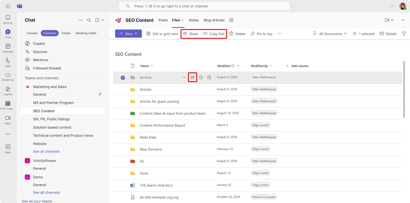 Navigating to sharing options in Teams Files