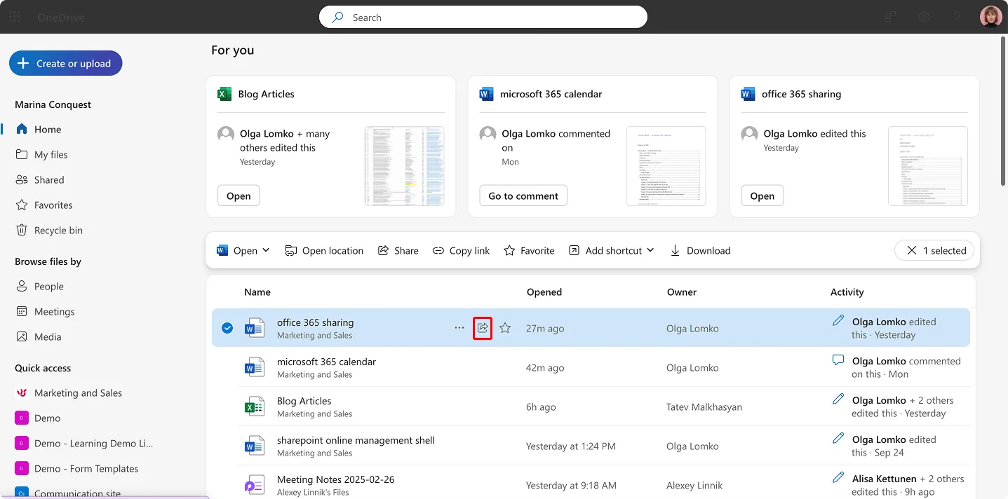 Navigating to ‘Share’ in OneDrive to share a file or folder