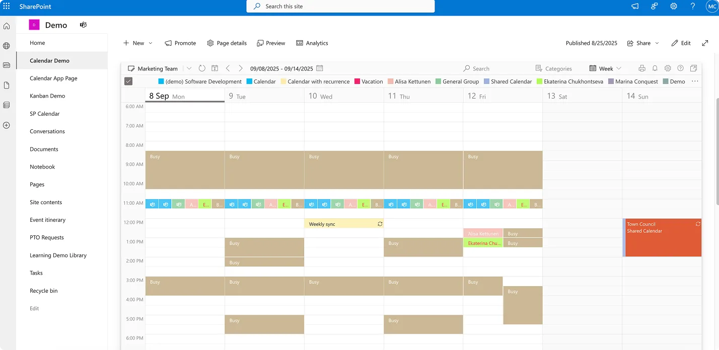 Sample Virto Calendar within SharePoint site