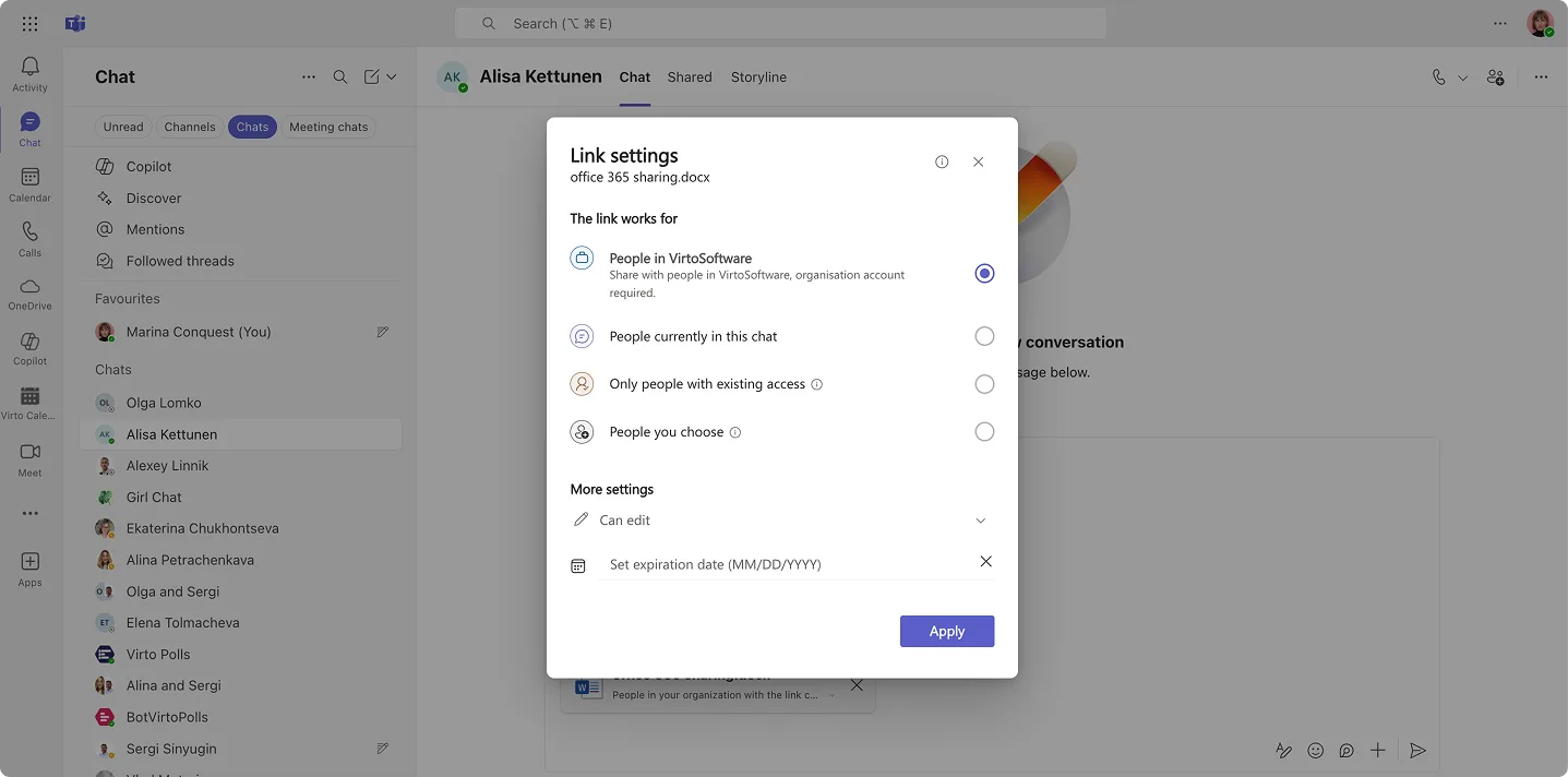 Settings permissions for an attached file in Teams chat